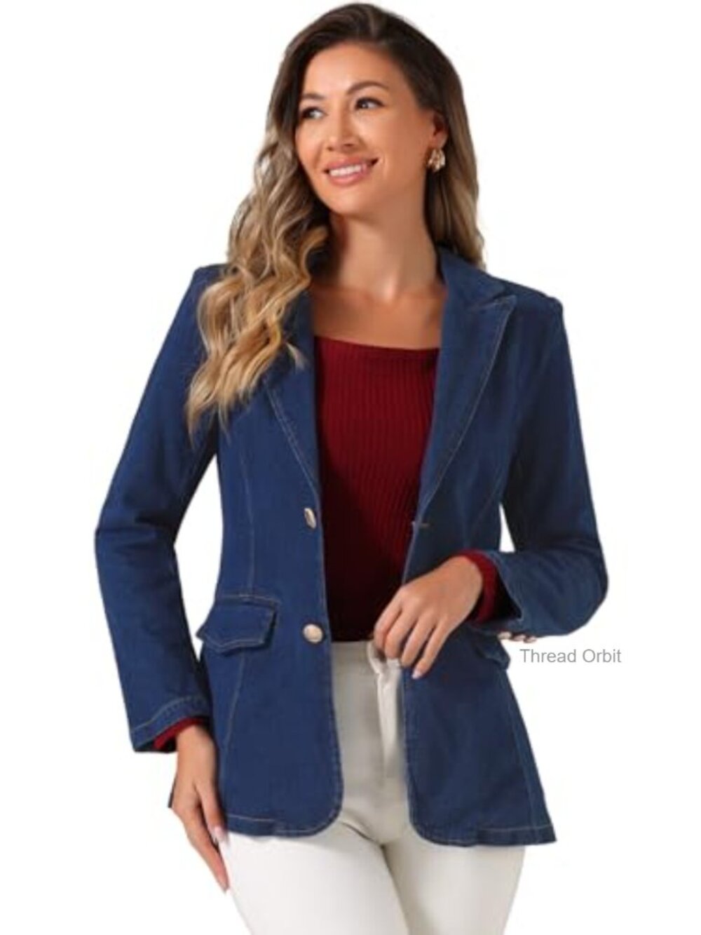Allegra K Notched Lapel Denim Blazer Stretch Business Casual